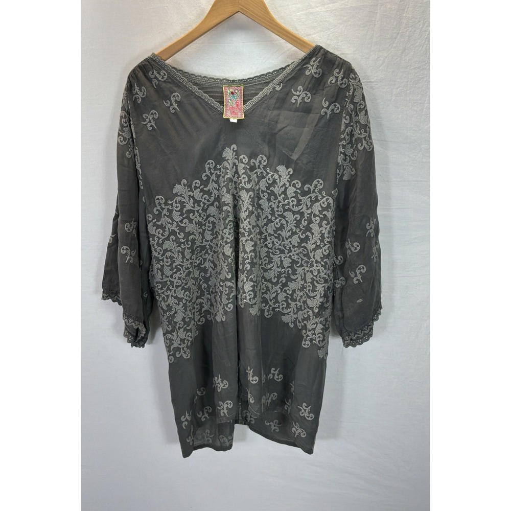 Johnny Was Gray sheer Embroidered oversized Short Sleeved Tunic Top Blouse SM
